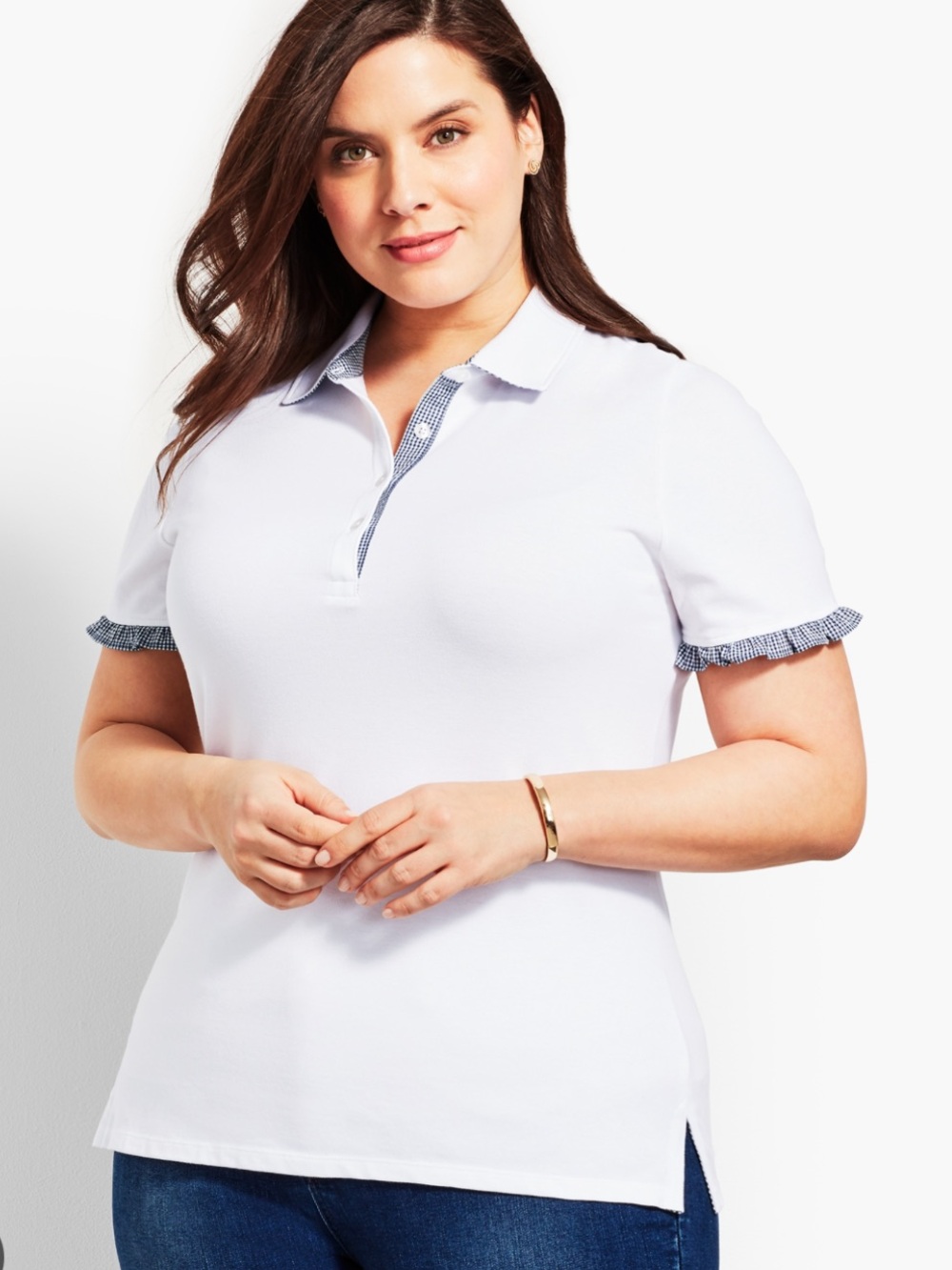 Talbots White Polo with Gingham Ruffle Trim